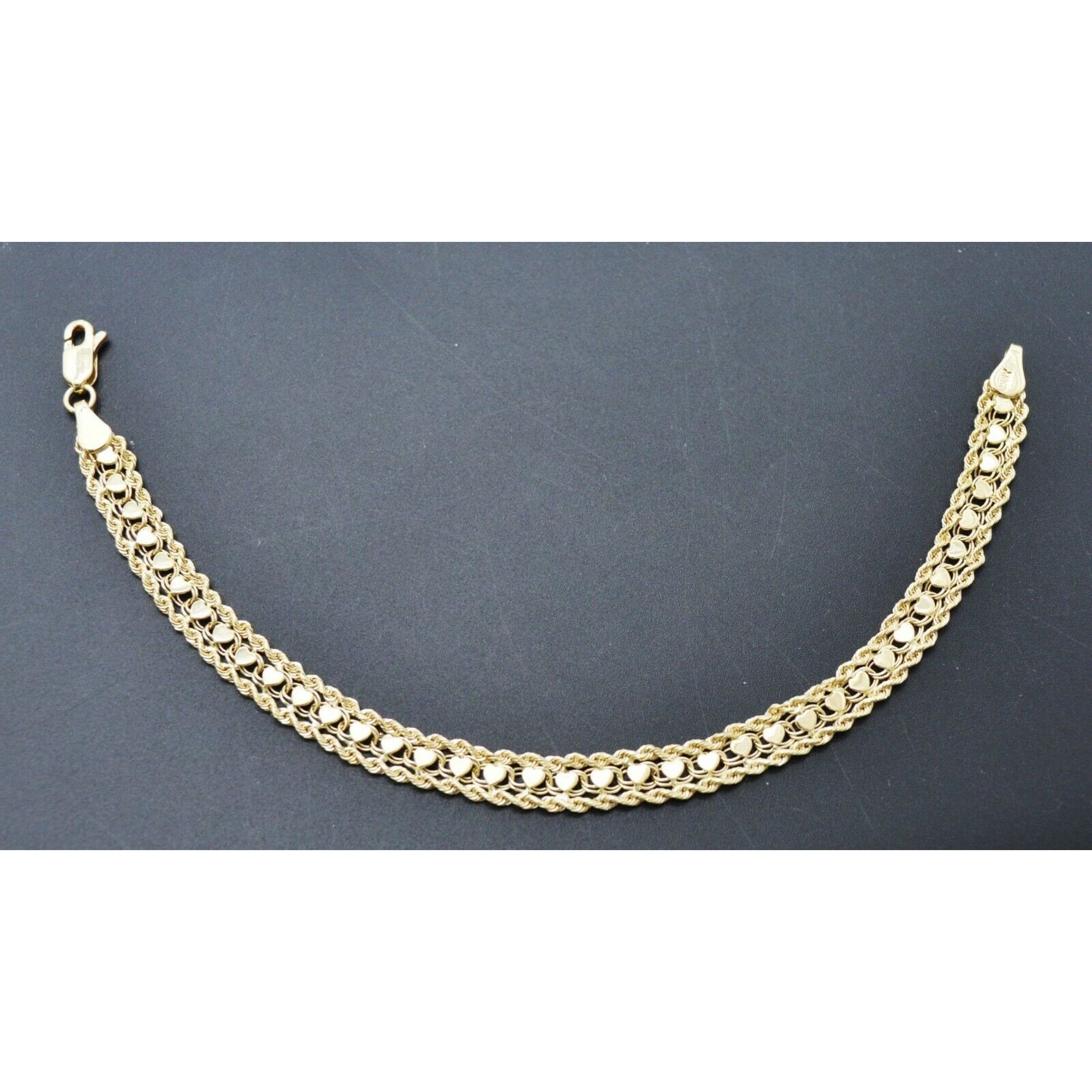 10k Solid Yellow Gold Mirrored Rope And Heart Link Chain Bracelet 7- 8 681$